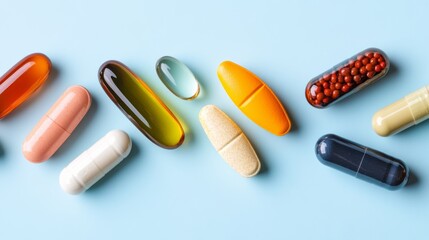 Poster - Various colorful pills and capsules are arranged on a blue background, representing the pharmaceutical industry, medicine, healthcare, and the concept of promoting health and wellness
