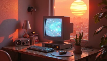 Poster - Retro computer scene with old CRT monitor, sunset view through the window, and vintage feeling
