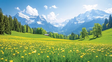 Sticker - Breathtaking mountain landscape with vibrant yellow flowers under a clear blue sky