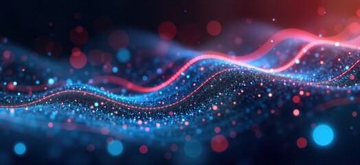 Poster - Abstract dynamic wallpaper design with neon glowing wave lines. Bokeh lights create futuristic tech visual art. Colorful pattern flows, vibrant lighting creates energy, connection. Modern abstract