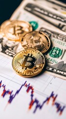 Poster - Gold bitcoin and other cryptocurrency coins are lying on a financial chart and us dollar bill, representing investment, finance, and the changing dynamics of modern currency