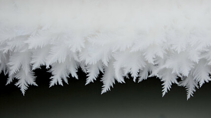 Close-up of delicate white frost patterns on a dark surface; nature background for winter, cold, or science themes.