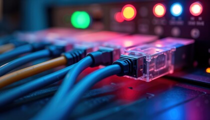 Poster - Close-up view of network cables connected to tech equipment rack. Colorful lights illuminate tech components, showing modern communication systems, advanced connectivity. Intricate cabling creates