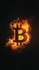 Aufkleber - Bitcoin cryptocurrency symbol burning in flames on a dark black background representing the volatility and risk of investing in the digital currency market
