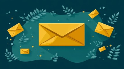 Poster - Bright Yellow Envelopes Scattered on a Green Background With Decorative Leaves and Stars, Creating a Vibrant and Inviting Atmosphere