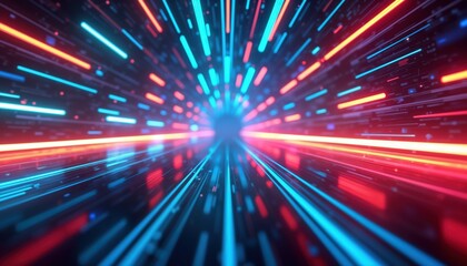 Aufkleber - Abstract futuristic tech scene with fast glowing neon light lines. Empty space with reflection. Cyberpunk style interior design. Dynamic, vibrant background. High speed motion effect. Suitable for