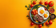 © Oleksandr - Hearty breakfast plate featuring juicy steak, sunny-side-up eggs, fresh tomatoes, and herbs, presented against a vibrant orange background.