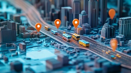 Aufkleber - Several buses are driving through a city with location pins indicating their positions, representing navigation, online maps, and modern transportation systems