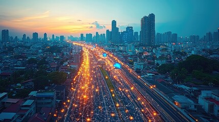 Poster - City highway at sunset with traffic light trails.