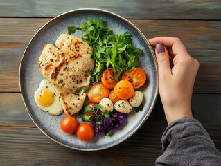 Sticker - A balanced meal featuring grilled chicken, cherry tomatoes, boiled eggs, and fresh greens on a rustic wooden table