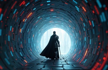 Poster - Dark-clad warrior stands in futuristic tunnel. Digital lines, light patterns surround. Tunnel leads to light, distant trees. Cybersecurity concept. Tech warrior confronts cyber threats. Futuristic