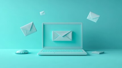 Aufkleber - Creative Digital Representation of Floating Envelopes Around a Laptop in a Turquoise Setting