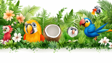 Tropical parrots and flowers border;  lush jungle foliage background; perfect for summer travel brochures or website banners.