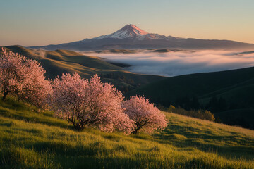 Poster - Blossoming cherry trees with mountain backdrop and misty hills at sunrise