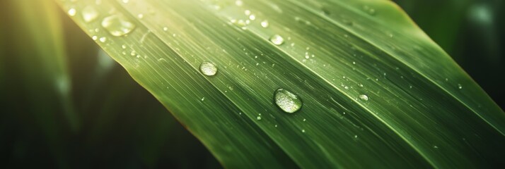 Poster - Sparkling droplets of dew clinging to the surface of a lush green leaf, capturing the warm glow of sunlight in a tranquil natural environment, evoke feelings of freshness and vitality