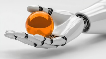 Poster - A robotic hand gently holds an orange sphere. Ideal for showcasing technological advancements in AI, robotics, and delicate handling.