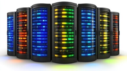 Poster - Server racks with colorful LED lights ideal for data center visualizations or technology presentations. Great for showcasing network infrastructure or cloud computing concepts.