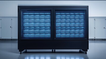 Poster - A high-tech storage unit with glowing blue contents. Ideal for showcasing advanced technology or data storage solutions.