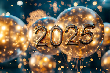 Wall Mural - Gold New Years 2025 celebration balloons and fireworks.