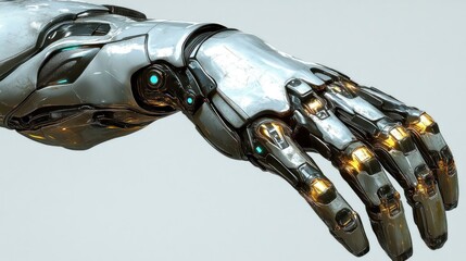 Poster - A sleek futuristic robotic arm and hand with metallic plating and glowing accents. Ideal for sci-fi character designs or robotic prosthetics.