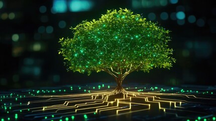 Poster - Luminous Tree Surrounded by Circuit Patterns and Soft Bokeh Lights