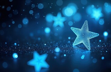 Poster - Sparkling blue stars on dark festive background. Glittering lights create magical night sky. Deep blue color makes perfect for new year celebration holiday. Ideal for winter events digital design.