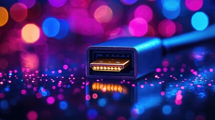 Poster - Colorful USB Connector with Bokeh Background and Bright Lights