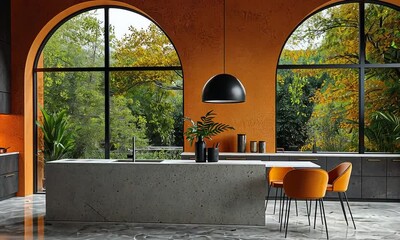 Wall Mural - Modern kitchen with arched windows, orange walls, and a concrete island.