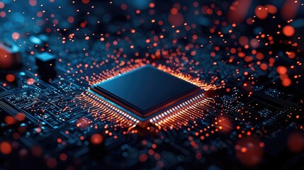 Poster - Glowing Microchip with Electric Particles in High-Tech Circuitry
