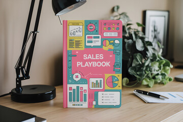 Poster - Sales playbook standing on wooden desk with desk lamp and plant