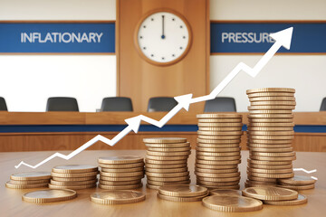 Poster - Inflationary pressure increasing with growing stacks of coins in boardroom