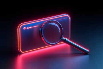 Leinwandbilder - Magnifying glass exploring neon-lit smartphone in dark environment