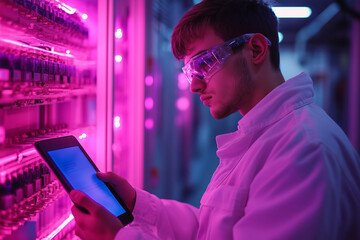 Aufkleber - Engineer examines robotics component with tablet in vibrant lab environment