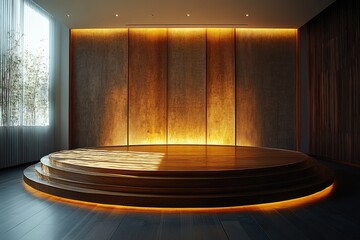 Poster - Round wooden stage illuminating modern interior design