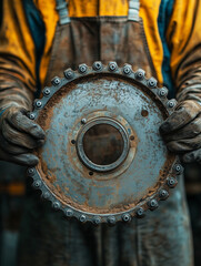 Poster - Mechanic focuses on a sprocket in a busy workshop filled with tools
