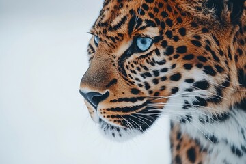 Wall Mural - leopard showing its beautiful fur and light blue eyes in winter scenery