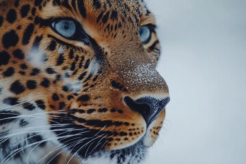 Wall Mural - leopard resting in snowy habitat, close-up on face with intense blue eyes
