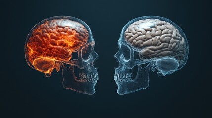 Poster - Transparent human skulls facing each other, one with a glowing red brain and the other with a normal brain, representing different states of mind or neurological conditions