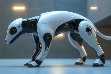 Poster - White robot dog standing in modern concrete interior