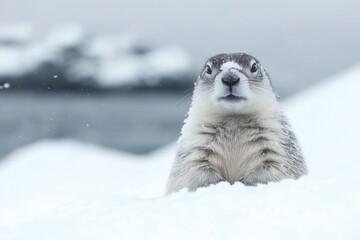 Wall Mural - Arctic ground squirrel emerging from snow in winter landscape