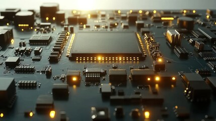 Poster - Close-up of a circuit board with glowing components. Ideal for technology backgrounds websites presentations or educational materials related to electronics computing and digital systems.