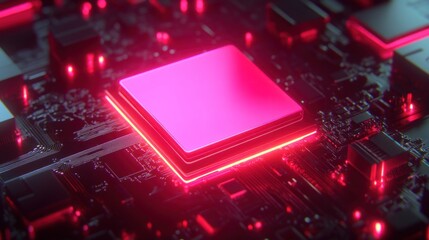 Aufkleber - A futuristic pink computer chip glows on a dark circuit board. Ideal for technology websites blogs or social media showcasing innovation and cutting-edge computing.