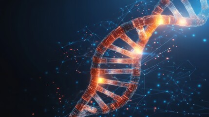 Poster - Plexus lines and points forming a rotating dna helix molecule on a blue background, representing medical research, genetic engineering, and the future of healthcare