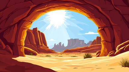 Wall Mural - A sandstone archway frames a breathtaking view of a sun-drenched desert landscape, casting long shadows across the weathered terrain. Sandstone. Illustration