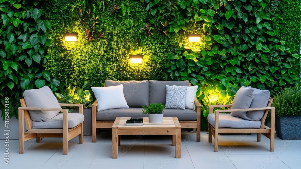 View of Eco-friendly patio with reclaimed wood furniture, solar-powered ...