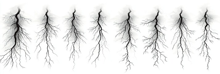 Collection of nine stylized root systems, intricate branching patterns, isolated on white.