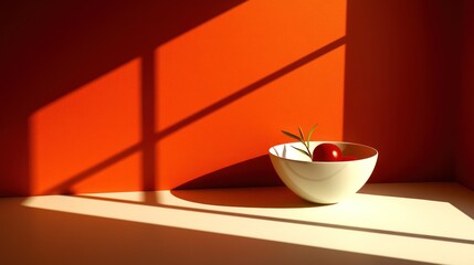 Wall Mural - Red fruit in white bowl, sunlight on orange wall.