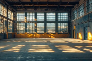 Aufkleber - Empty industrial building interior with large windows letting in sunlight