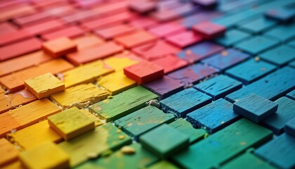 Poster - Colorful wooden blocks arranged in spectrum of colors. Colorful blocks create dynamic, vivid abstract design. Modern design concept for backgrounds covers. Multicolored wooden pieces form vibrant