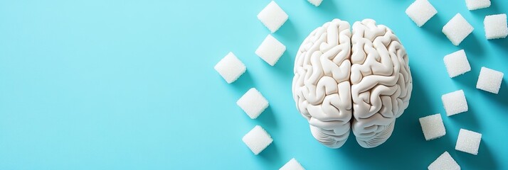Poster - White brain model on blue with sugar cubes, showing sugar's effect on brain health and promoting a low sugar diet for better brain function